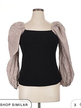Maeve by Anthropologie Black Bodice Top with Brown-Striped Puff Sleeves